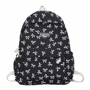 Nylon Student Backpack Bow Printed for Girls Women Schoolbag Adjustable Strap Travel Bag Cute Knapsack